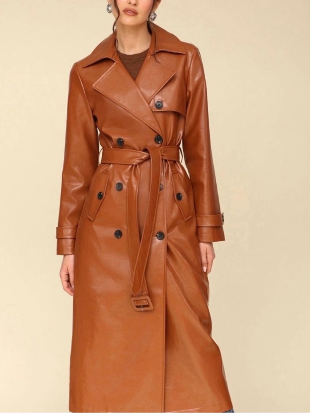 Avec les filled brown faux leather belted trench maxi coat